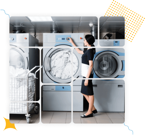 Woman operating laundry machines in a laundromat.